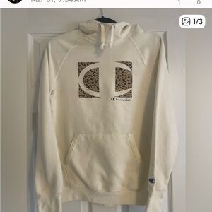 Champion Cream Hoodie with Leopard Print Logo Design. Size L